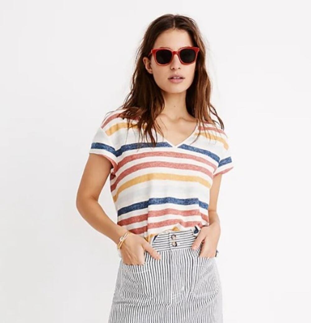Madewell Skyline V0Neck Tee in Jay Stripe XXS